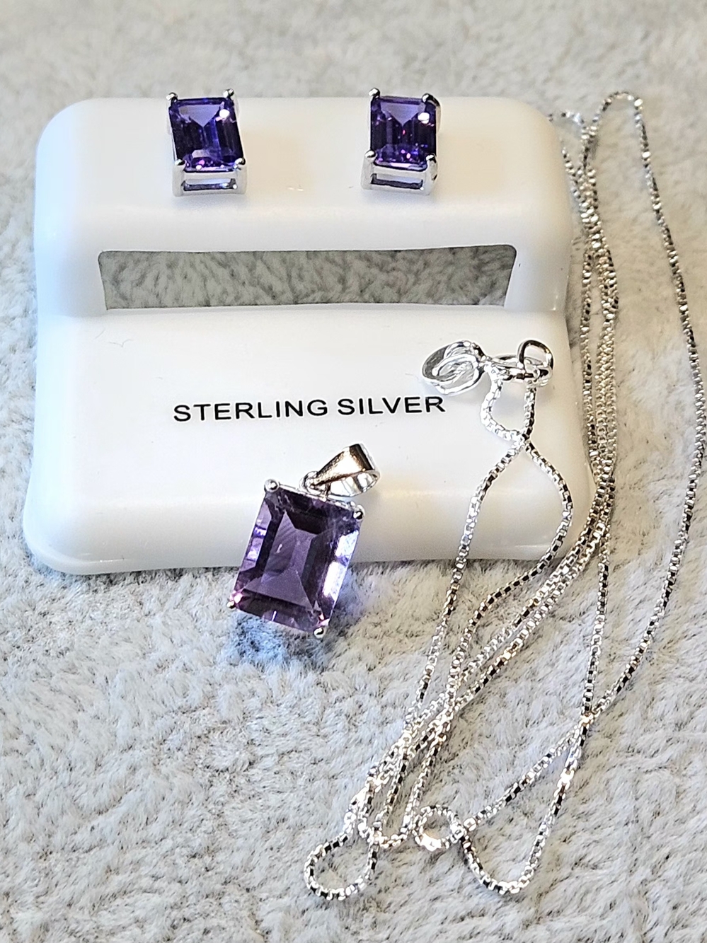 NWOT Sterling Silver 925 Emerald Cut Amethyst Jewelry Set